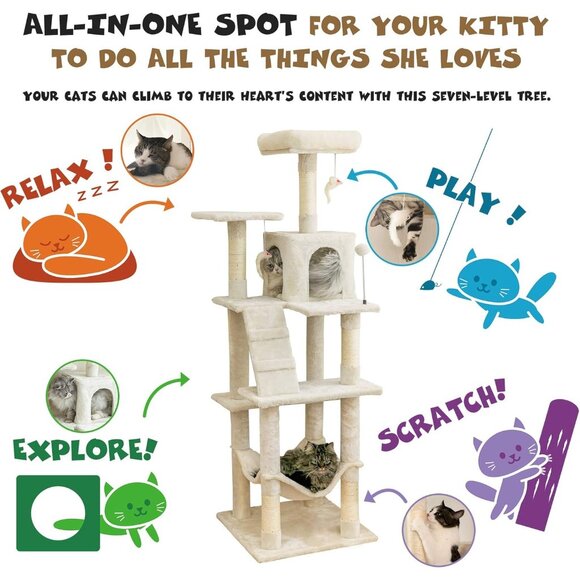 New 63.8in Cat Tree Tower for Large Cats with Hammock, Condo & Scratching Posts - Picture 3 of 6